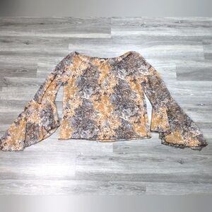 Sheer VTG Y2K Bell Sleeve Blouse size 1X Brown Floral Earthy Fairy Muted Boho